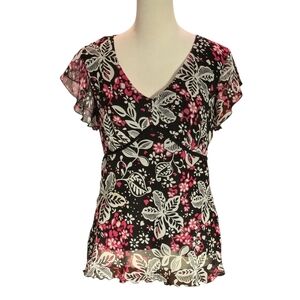 First Option Floral Black Pink White Women's L Top Sheer Shell & Sleeves Lined